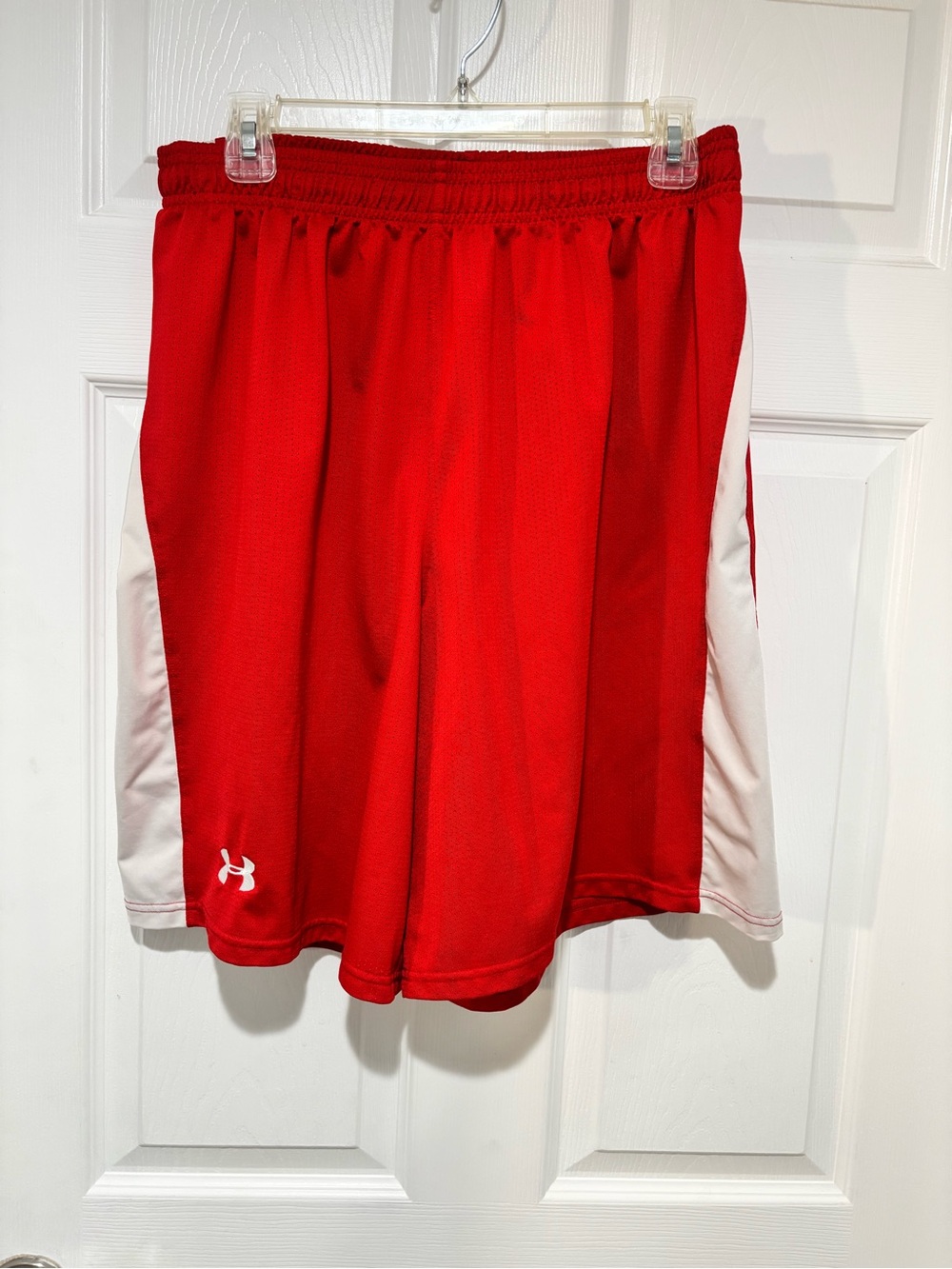 Men’s Under Armour Red Mesh Athletic Shorts with White Side Panels